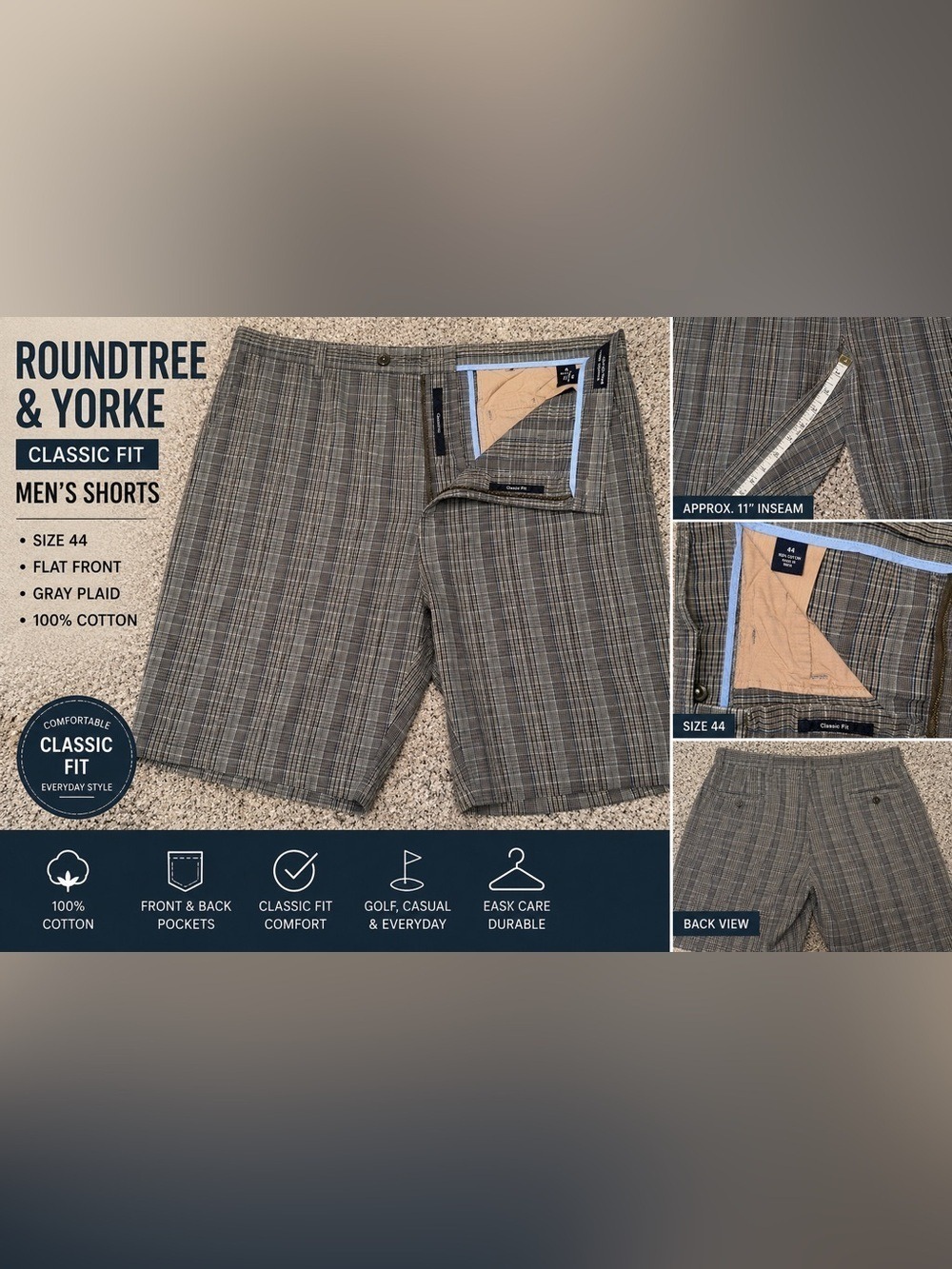 Roundtree & Yorke Mens 44 Gray Plaid Flat Front Classic Fit Shorts